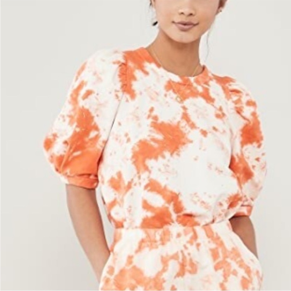 Clare V Kallie Puff Sleeve Tie Dye Sweatshirt Orange Medium